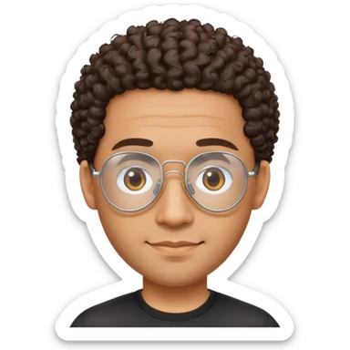 Latino man with oval face, clear lens aviator glasses with metal frames, bald sides with curly hair on top, friendly expression, brown skin, black shirt sticker