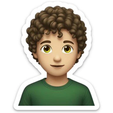 Young boy with short brown curly hair and black tee shirt and green eyes sticker