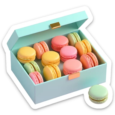 a box of macarons with gold foil details, luxurious and shiny, pastel and metallic colors, elegant look sticker