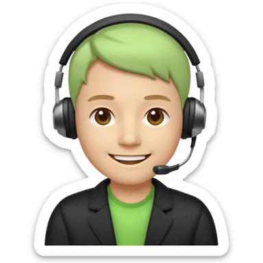A modern flat emoji depicting a call center employee wearing a light green T-shirt and black jacket, with a headset, a friendly expression, a minimalist design, bright colors, and a white or transparent background. sticker