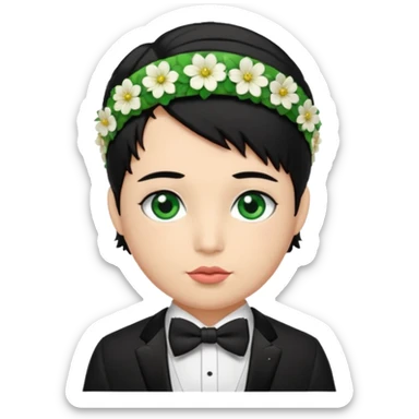 black haired green eyes very plump lips and floral headband that makes his hair look behind nicole peltz at wedding sticker