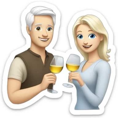 white man with blue eyes and grey hair and white woman with brown eyes and blond hair toasting with each other with two white wine sticker