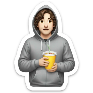 Bighead josh brener from silicon valley in hoodie sittin holding a big gulp sticker