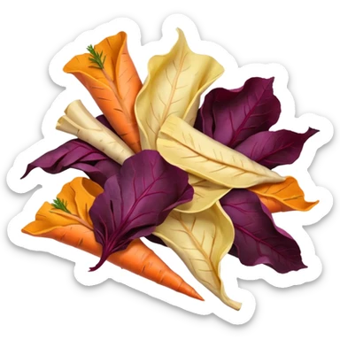 small handful of assorted vegetable chips in rich earthy tones, deep purple beetroot, orange carrot, pale yellow parsnip, thin curled slices, slightly blistered crisp textures, natural irregular shapes, lightly scattered, no bowl or extras, soft lighting, subtle shadows, emoji scale sticker