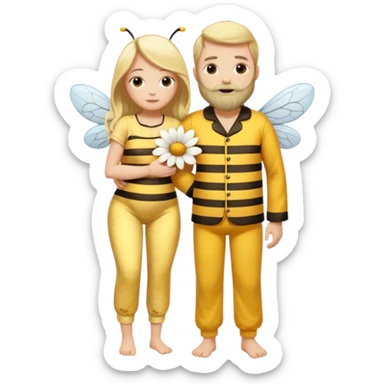Grown up man with long dark brown long, white skin, medium beard, full body in cute bee pijama hugging a woman with blonde hair, white skin, dressed as a flower  sticker