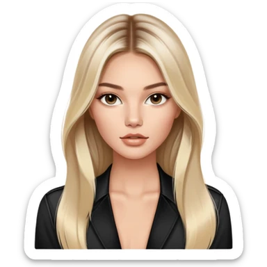 victoria’s secret model with long light blonde straight balayage hair, dark brown almond and small eyes, ovaled face with a refine jawline, small lips sticker