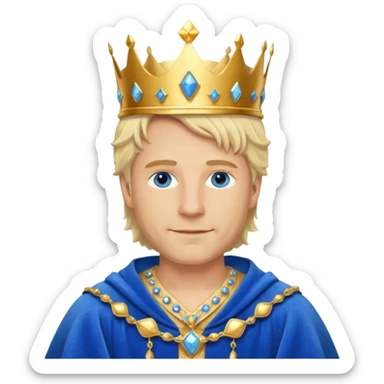 
1 Middle-aged white king, 40 years old, blond hair, blue eyes, kind and benevolent vibe, gentle smile, wearing a crown and blue robe emoji sticker