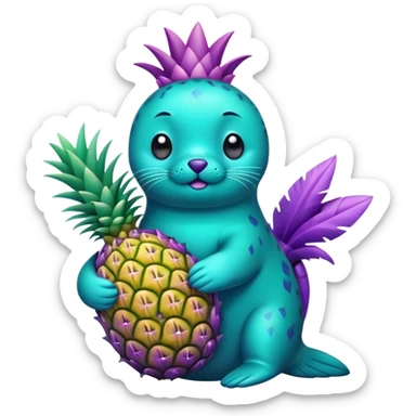 seal that is completely teal-colored holding a pineapple that is completely purple-colored sticker