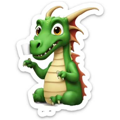 dragon on a laptop, wearing a hump day shirt, with a cup of coffee in hand sticker