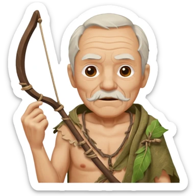 ancient old man, tattered leaf cloth, hold the slingshot sticker