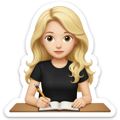 A beautiful blonde with long wavy hair in a black T-shirt sits and writes in a diary with a pen. sticker