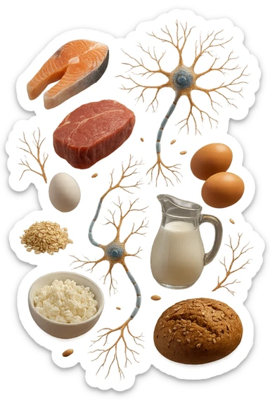 carne, pesce, uova, latticini, cereali integrali fluttuano in aria insieme a neuroni umani anatomici realistici, iperrealistici 4k sticker