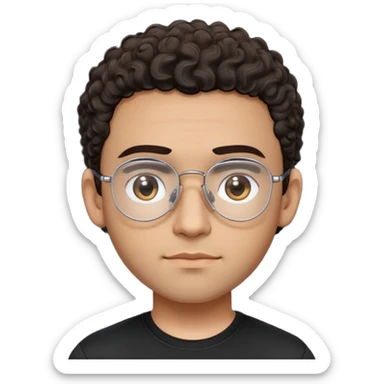 Latino man with light brown complexion, small face and prominent forehead, clear lens teardrop-shaped aviator eyeglasses with metal frame, totally shaved sides with very minimal dark curly hair only on top, gentle expression, simple black t-shirt sticker