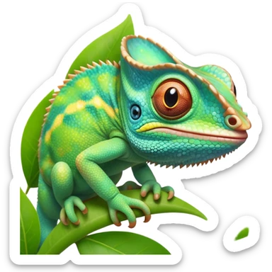cinematic cute-smiling baby chameleon-realistic emoji,-blending-with-vibrant-greenery.-detailed-scales-in-shifting-colors,-showing-the-chameleon’s-ability-to-camouflage.-soft-natural-light-highlights-its-texture.-light-background, zoomed into its face sticker