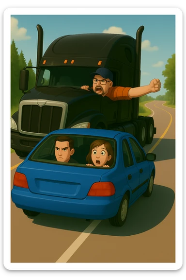 Add a baseball cap to the angry, bald truck driver with glasses and orange shirt, arm out the window. Keep the scene bright and vibrant, with a person in the car in front. sticker