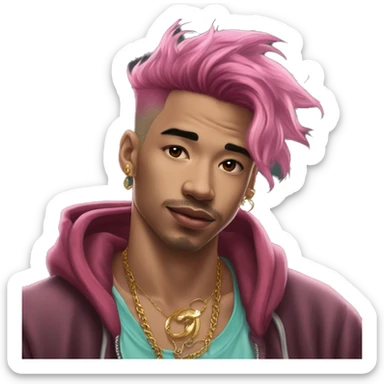 Vintage grunge patina intricate swirls golden sparkle tropical Deep pink maroon burgundy cyan dark hoodie man dyed hair and gold piercings nose piercing ear piercings ice cream  sticker