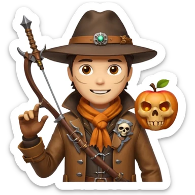 male human monster hunter emoji, wearing brown leather coat and wide hat, holding crossbow, with amulet shaped like skull, Halloween fantasy theme, confident smile, orange scarf, Apple emoji style, clean white background, square image sticker