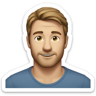 A head and shoulders shot of a 33 year old Caucasian man, with short brown hair, with stubble facial hair,   with blue eyes wearing a t-shirt. sticker