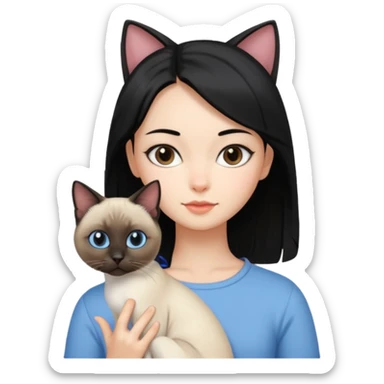 A girl with mid length black hair with siamese cat sticker