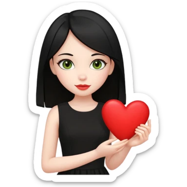 Pale girl with straight black hair and olive green eyes soft smile wearing black dress and holding a heart sticker