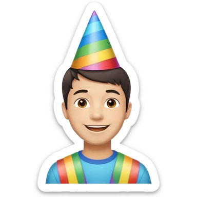 Young man, short hair, rainbow birthday party hat, cheerful expression sticker