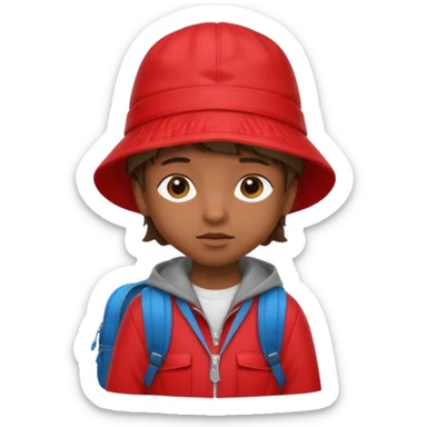 Little student brown wears red bucket hat and jacket, backpack, shy sticker