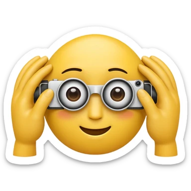 A 3D Apple-style yellow emoji character, classic round shape, using both hands to form a rectangular “camera frame” in front of its face, fingers extended and slightly curved, focused expression with raised eyebrows, cartoonish eyes looking through the frame, clean minimal background sticker