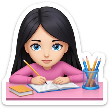 Girl with long black hair, blue sharp eyes, eyelashes, studying on a pink desk sticker