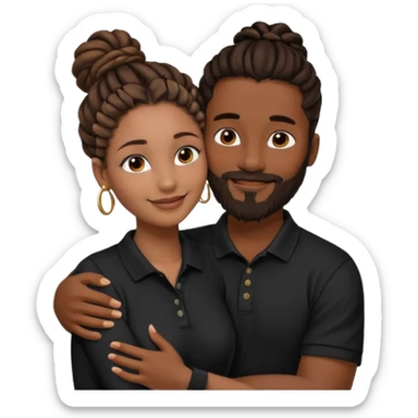 Couple emoji: smiling woman with brown skin, nose ring, makeup, hugging man with dark skin, beard, dreadlocks in a bun, wearing black polo. Warm, loving vibe. sticker
