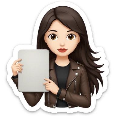 Fair skin long dark brown hair Rock n roll girl holding a large blank sign sticker