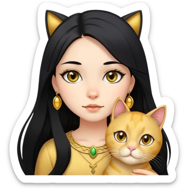 long black hair girl with BLACK eyes with gold cat sticker