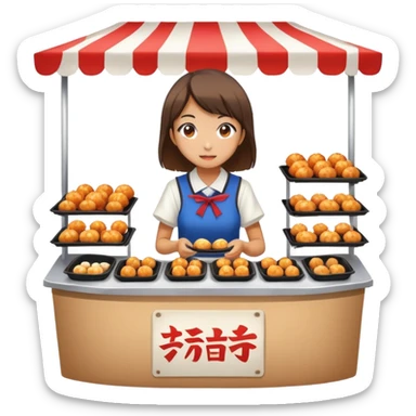 Japanese high school girl at cultural festival running food stall with takoyaki sticker
