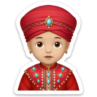  baby boy dressed in colorful ghalibiya with delicate decorations with a red Moracain hat sticker