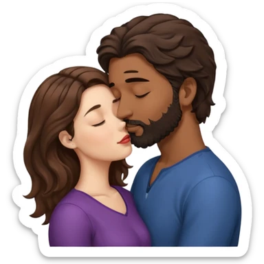 White woman (brown hair with eyes closed) kissing the top of the head (forehead) of brown man with black wavy hair (has a a beard with his eyes closed too). Woman has her lips to the forehead of the man, kissing him. sticker