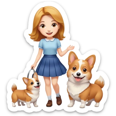 A beautiful girl with fair skin wearing a skirt and happily playing with corgi sticker