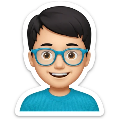 Chico de 7 años, pelo negro y repeinado, piel oscurita pero no mucho, gafas rectangulares azules, sonriente sin 1 diente, jersey verde turquesa y ojos algo rasgados sticker