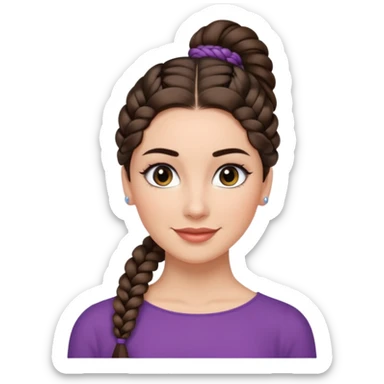 Hyper realistic woman with slightly curved dark eyebrows, perfectly symmetric with glam makeup, a single braided brunette ponytail going over the shoulder. Calm but professional smile sticker
