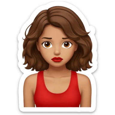 generate a pretty tan bratz girl with brown wavy hair long wearing a red tank top, red lipstick. Looking sad sticker