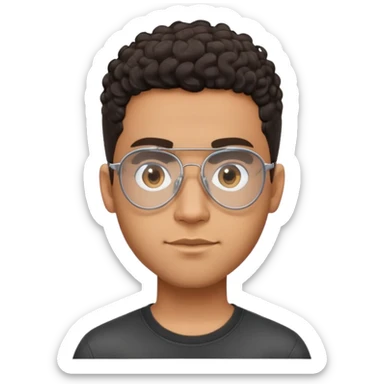Young brown-skinned Latino man with oval face and large forehead, metal-framed aviator glasses with clear lenses, high skin fade haircut with very short dark curls only on top, calm friendly expression, black t-shirt sticker