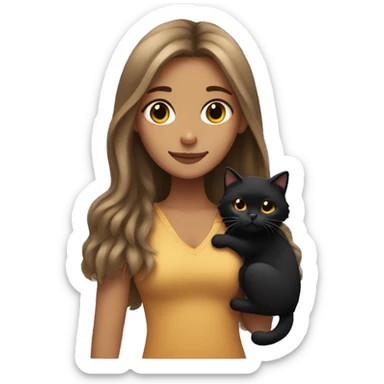 Tan girl with long hair holding a fluffy black cat sticker