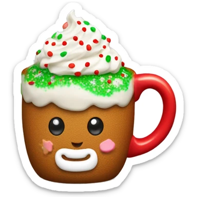 A red mug with whipped cream on top, with a small gingerbread man tucked into the cream. The whipped cream is sprinkled with colorful red and green sprinkles. sticker