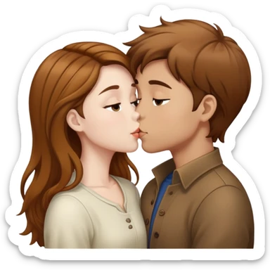 Brown curry hair boy and white brown hair girl kissing sticker