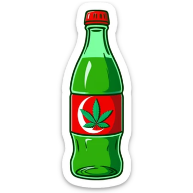 Classic Coca-Cola shaped glass bottle with curved contours, red color, with a cannabis leaf sticker