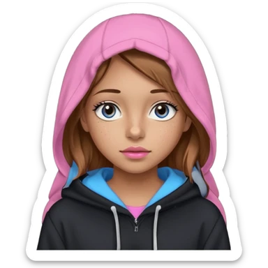 Create a teenage girl with straight light brown hair, tan skin, light freckles, and blue-grey eyes. She will have pink lips and long black eyelashes. She will be wearing a big black hoodie. sticker