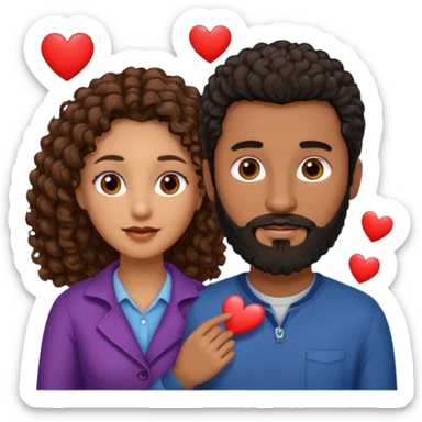 pareja de Mujer morena rizada cabello largo castaño ojos oscuros y hombre blanco con cabello negro corto con barba y ojos marron alrededor de la pareja corazones sticker