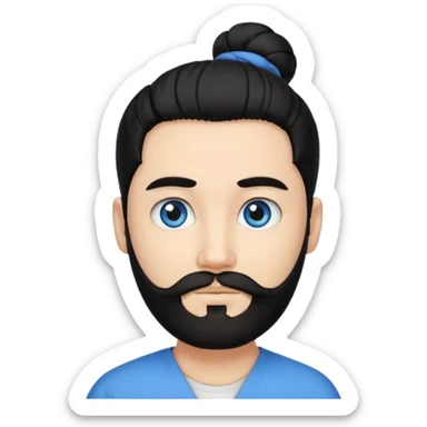 Man with a beard, blue eyes, and black hair tied in a bun sticker