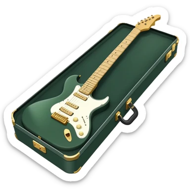 minimalist electric guitar in dark green, closed inside a black rectangular hard case with gold latches, soft matte textures, simplified details, alternate angle sticker