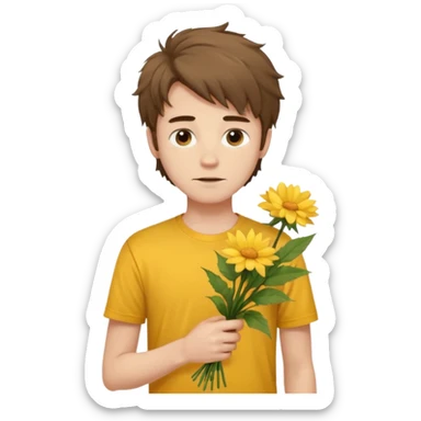 generate an ios genmoji of a 20 year old fair boy with brown long and messy hair with stubble on cheeks. should look like he cant grow a mustache., carrying a flower bouquet, wearing a yellow tshirt, looking shy sticker