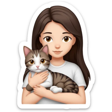 a girl with long dark brown hair, in a
white T-shirt and brown eyes, hugs a tabby
dark grey and white strips one cat sticker