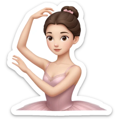 Cinematic Realistic ballerina Portrait, depicted with lifelike skin texture, subtle rosy undertones, and soft natural lighting that enhances the gentle contours of her face. Her intricately detailed sweet brunette hair is elegantly styled, sticker